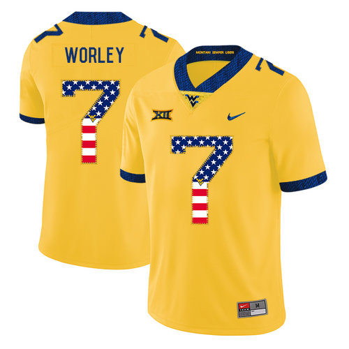 West Virginia Mountaineers 7 Daryl Worley Yellow USA Flag College Football Jersey