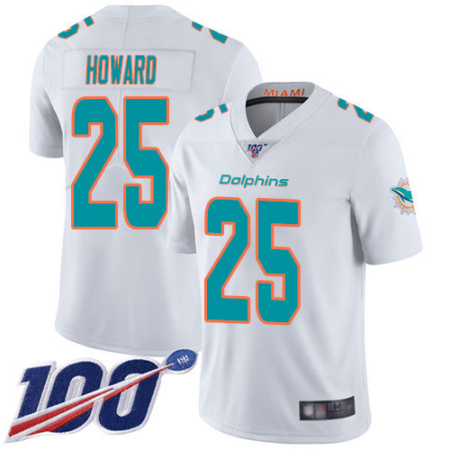 Youth Dolphins #25 Xavien Howard White Stitched Football 100th Season Vapor Limited Jersey
