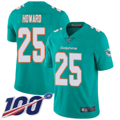Youth Dolphins #25 Xavien Howard Aqua Green Team Color Stitched Football 100th Season Vapor Limited Jersey