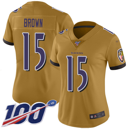 Nike Ravens #15 Marquise Brown Gold Women's Stitched NFL Limited Inverted Legend 100th Season Jersey