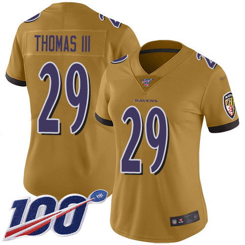 Nike Ravens #29 Earl Thomas III Gold Women's Stitched NFL Limited Inverted Legend 100th Season Jersey