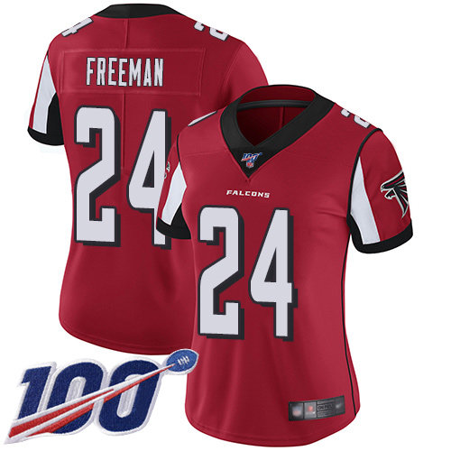 Nike Falcons #24 Devonta Freeman Red Team Color Women's Stitched NFL 100th Season Vapor Limited Jersey