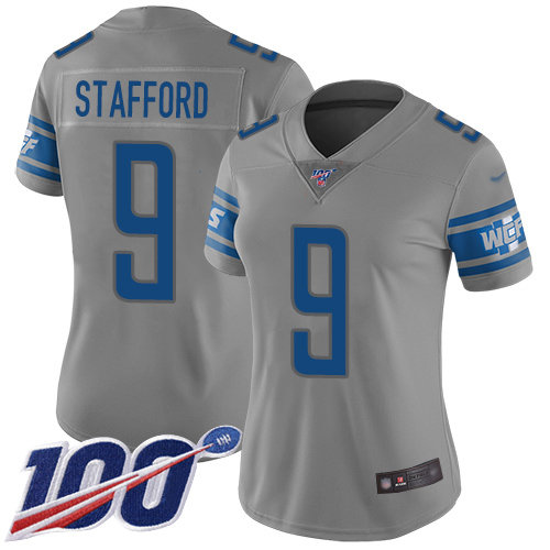 Nike Lions #9 Matthew Stafford Gray Women's Stitched NFL Limited Inverted Legend 100th Season Jersey