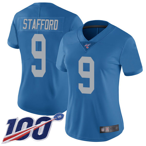 Nike Lions #9 Matthew Stafford Blue Throwback Women's Stitched NFL 100th Season Vapor Limited Jersey