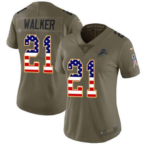 Nike Lions #21 Tracy Walker Olive USA Flag Women's Stitched NFL Limited 2017 Salute to Service Jersey