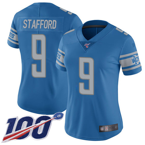 Nike Lions #9 Matthew Stafford Blue Team Color Women's Stitched NFL 100th Season Vapor Limited Jersey