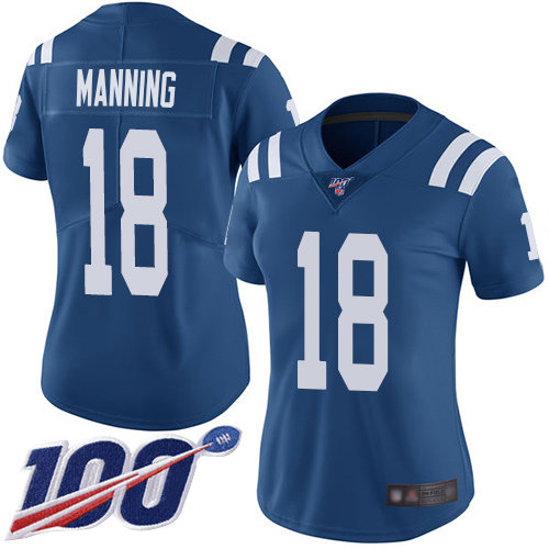 Nike Colts #18 Peyton Manning Royal Blue Team Color Women's Stitched NFL 100th Season Vapor Limited Jersey