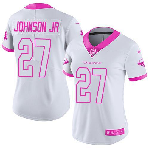 Nike Texans #27 Duke Johnson Jr White Pink Women's Stitched NFL Limited Rush Fashion Jersey