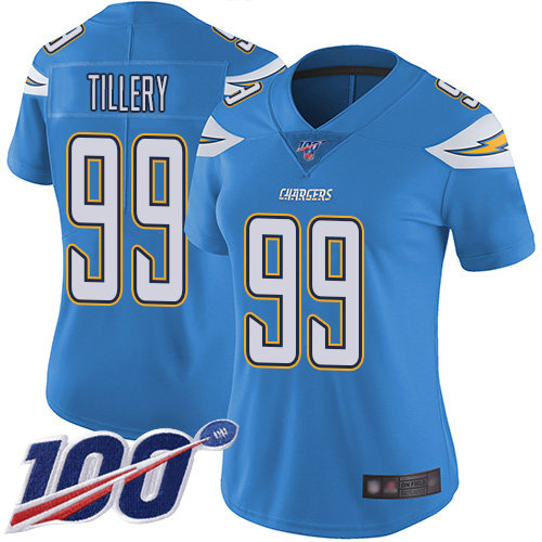 Nike Chargers #99 Jerry Tillery Electric Blue Alternate Women's Stitched NFL 100th Season Vapor Limited Jersey