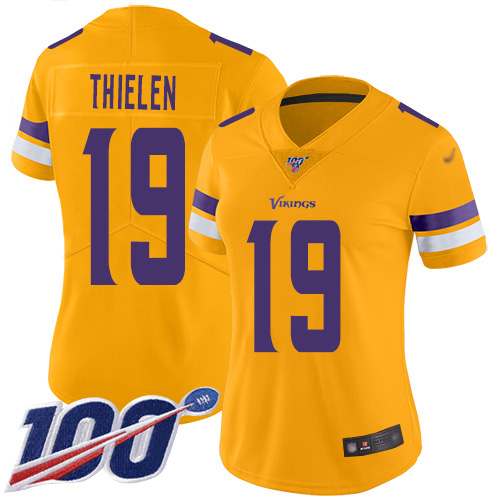 Nike Vikings #19 Adam Thielen Gold Women's Stitched NFL Limited Inverted Legend 100th Season Jersey