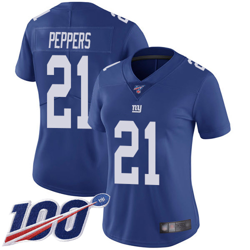 Nike Giants #21 Jabrill Peppers Royal Blue Team Color Women's Stitched NFL 100th Season Vapor Limited Jersey
