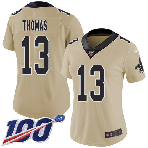 Nike Saints #13 Michael Thomas Gold Women's Stitched NFL Limited Inverted Legend 100th Season Jersey