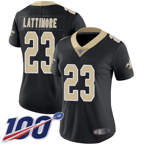 Nike Saints #23 Marshon Lattimore Black Team Color Women's Stitched NFL 100th Season Vapor Limited Jersey