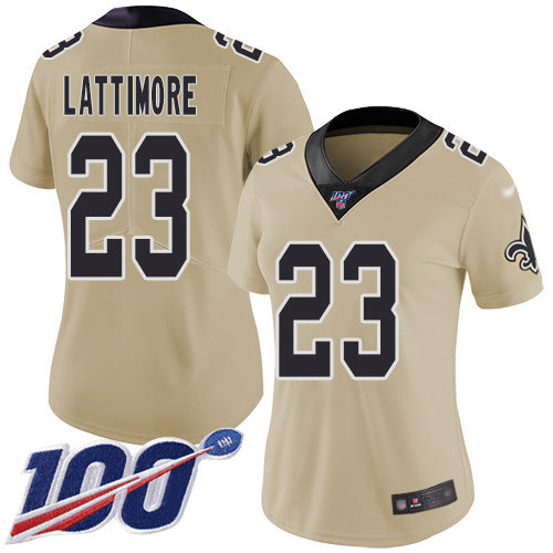 Nike Saints #23 Marshon Lattimore Gold Women's Stitched NFL Limited Inverted Legend 100th Season Jersey