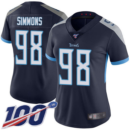 Titans #98 Jeffery Simmons Navy Blue Team Color Women's Stitched Football 100th Season Vapor Limited Jersey