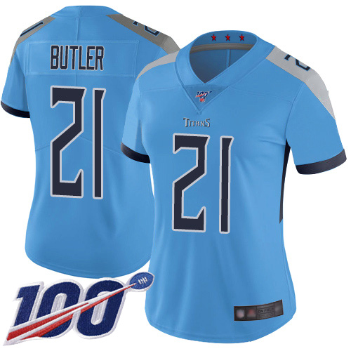 Titans #21 Malcolm Butler Light Blue Alternate Women's Stitched Football 100th Season Vapor Limited Jersey