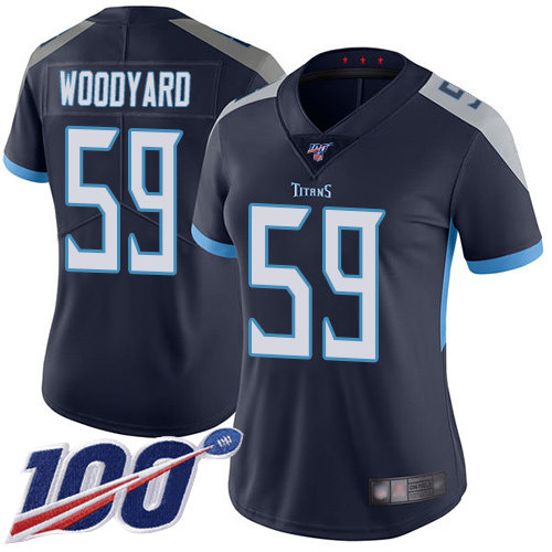 Titans #59 Wesley Woodyard Navy Blue Team Color Women's Stitched Football 100th Season Vapor Limited Jersey