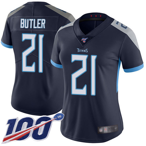 Titans #21 Malcolm Butler Navy Blue Team Color Women's Stitched Football 100th Season Vapor Limited Jersey