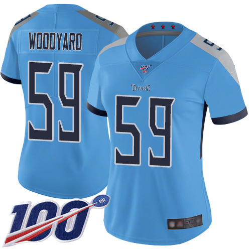 Titans #59 Wesley Woodyard Light Blue Alternate Women's Stitched Football 100th Season Vapor Limited Jersey