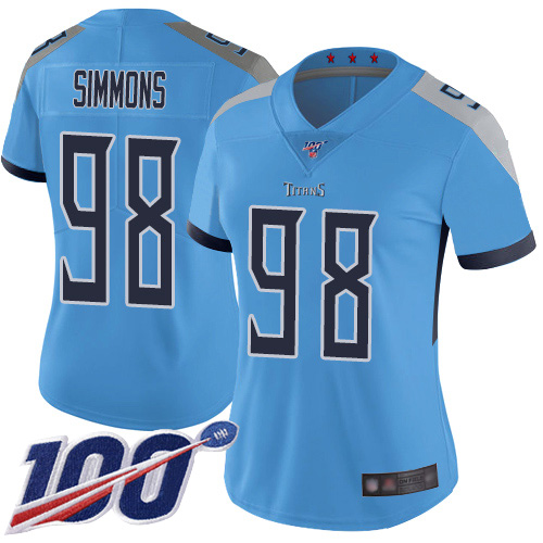 Titans #98 Jeffery Simmons Light Blue Alternate Women's Stitched Football 100th Season Vapor Limited Jersey