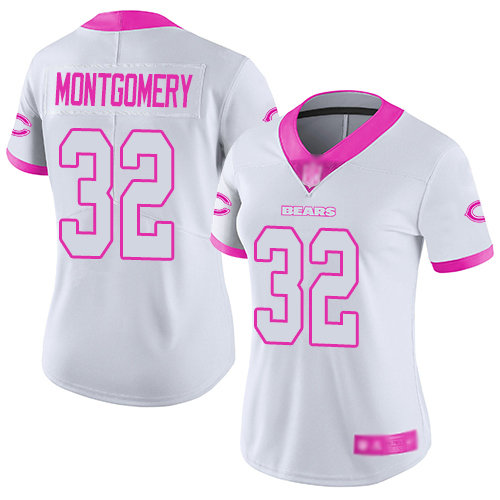 Bears #32 David Montgomery White Pink Women's Stitched Football Limited Rush Fashion Jersey