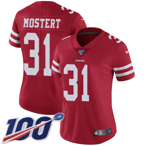 Nike 49ers #31 Raheem Mostert Red Team Color Women's Stitched NFL 100th Season Vapor Untouchable Limited Jersey
