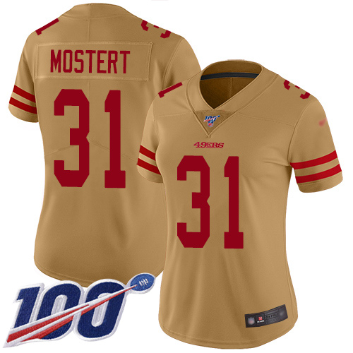 Nike 49ers #31 Raheem Mostert Gold Women's Stitched NFL Limited Inverted Legend 100th Season Jersey