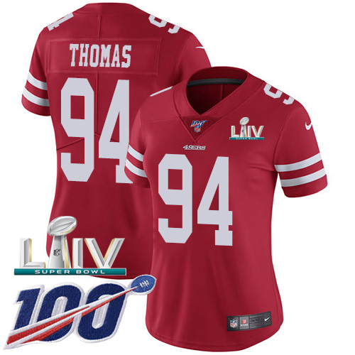 Nike 49ers #94 Solomon Thomas Red Super Bowl LIV 2020 Team Color Women's Stitched NFL 100th Season Vapor Limited Jersey