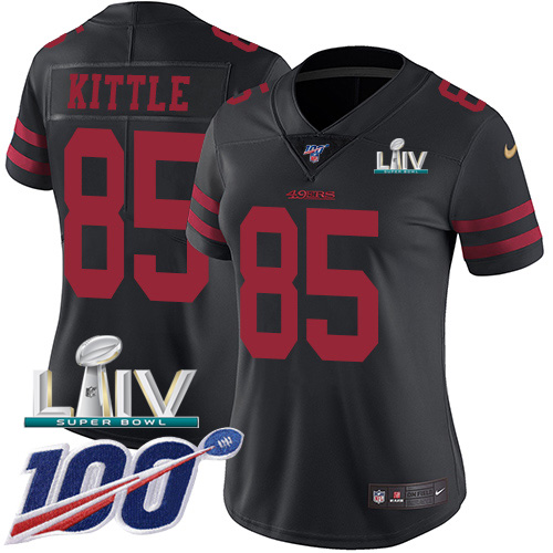Nike 49ers #85 George Kittle Black Super Bowl LIV 2020 Alternate Women's Stitched NFL 100th Season Vapor Limited Jersey