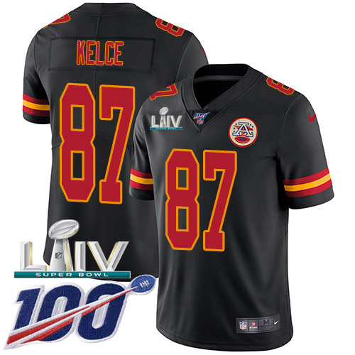 Nike Chiefs #87 Travis Kelce Black Super Bowl LIV 2020 Youth Stitched NFL Limited Rush 100th Season Jersey