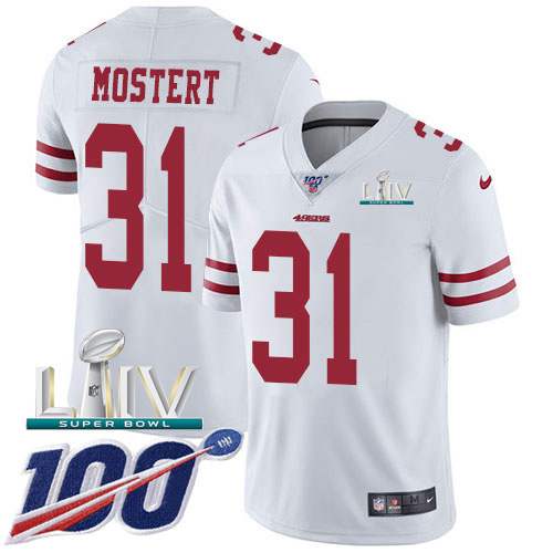 Nike 49ers #31 Raheem Mostert White Super Bowl LIV 2020 Youth Stitched NFL 100th Season Vapor Untouchable Limited Jersey