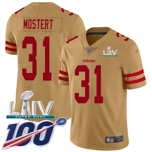 Nike 49ers #31 Raheem Mostert Gold Super Bowl LIV 2020 Youth Stitched NFL Limited Inverted Legend 100th Season Jersey