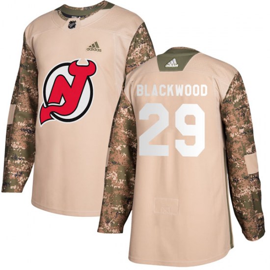 New Jersey Devils #29 MacKenzie Blackwood Authentic Mackenzie wood Camo Veterans Day Practice Adidas Jersey