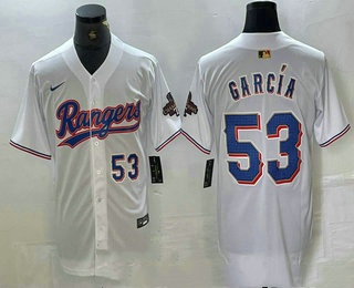 Men's Texas Rangers #53 Adolis Garcia Number White 2023 World Series Champions Cool Base Jersey1