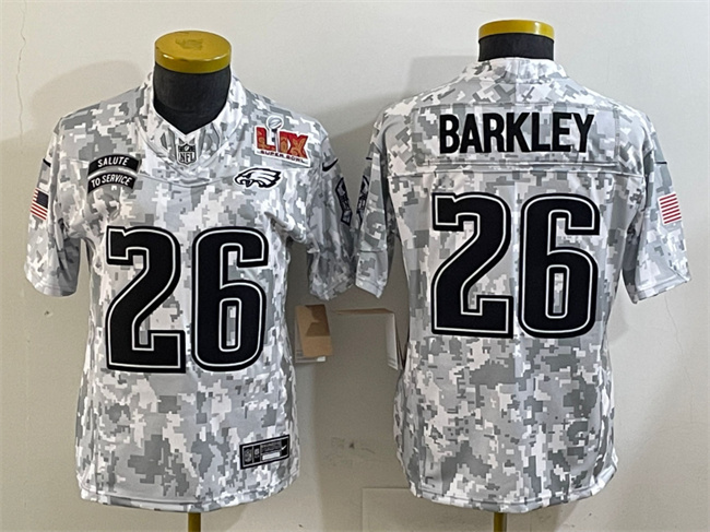 Women's Philadelphia Eagles #26 Saquon Barkley 2025 Super Bowl LIX Patch F.U.S.E. Arctic Camo Salute to Service Limited Football Stitched Jersey(Run Small)