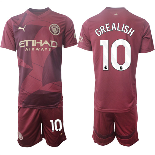 Men's Manchester City  #10 GREALISH Red Third 2024-25 Suit Soccer Jerseys