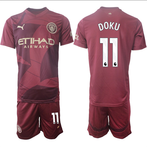Men's Manchester City  #11 DOKU Red Third 2024-25 Suit Soccer Jerseys