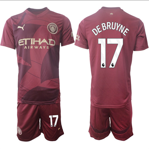 Men's Manchester City  #17 DEBRUYNE Red Third 2024-25 Suit Soccer Jerseys
