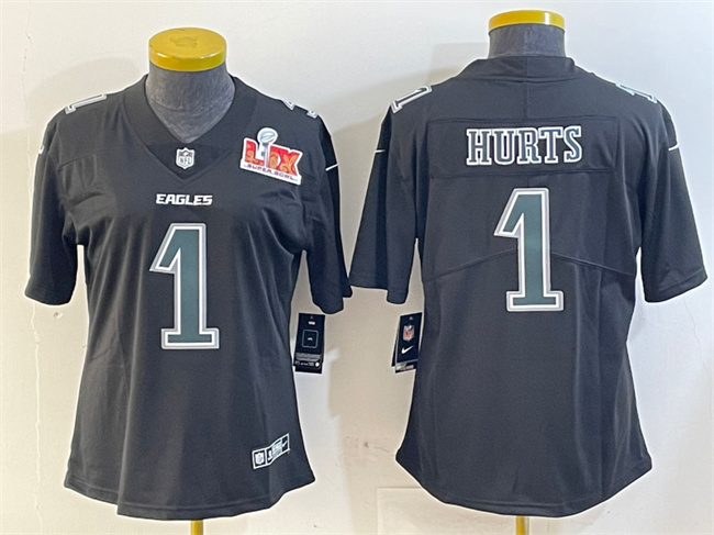 Women's Philadelphia Eagles #1 Jalen Hurts Black 2025 Super Bowl LIX Patch Fashion Vapor Untouchable Limited Football Stitched Jersey(Run Small)