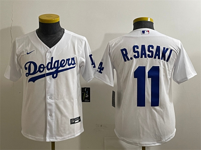 Youth Los Angeles Dodgers #11 Roki Sasaki White Cool Base Stitched Baseball Jersey