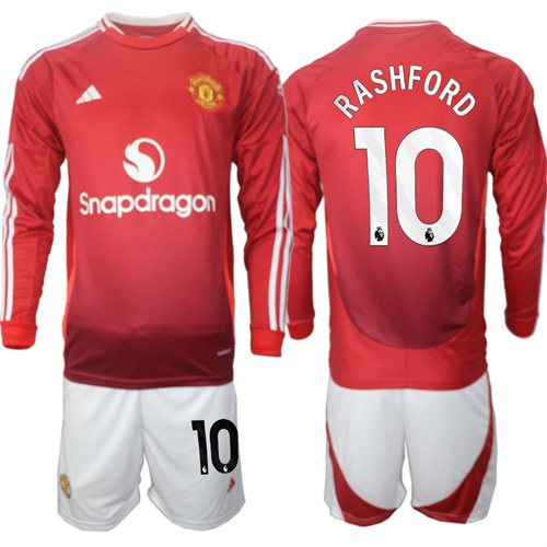 Manchester United #10 RASHFORD Home Red Long Sleeve Navy 2024-25 suit soccer jerseys