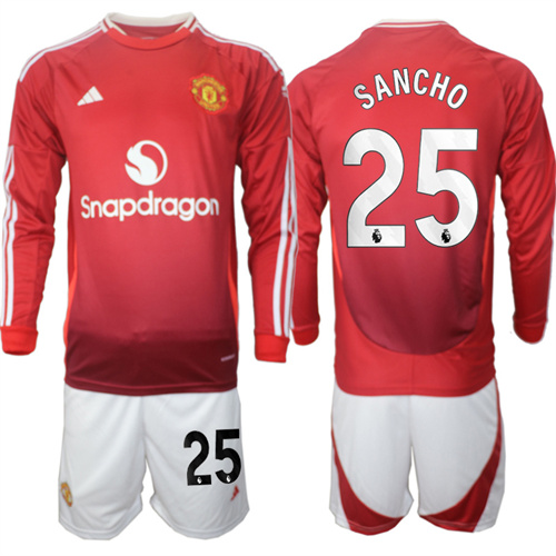 Manchester United #25 SANCHO Home Red Long Sleeve Navy 2024-25 suit soccer jerseys