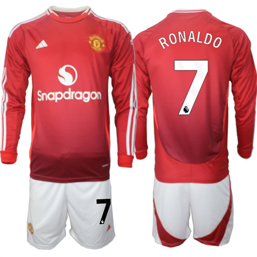 Manchester United #7 RONALDO Home Red Long Sleeve Navy 2024-25 suit soccer jerseys