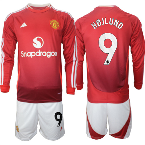 Manchester United #9 HOJLUND Home Red Long Sleeve Navy 2024-25 suit soccer jerseys