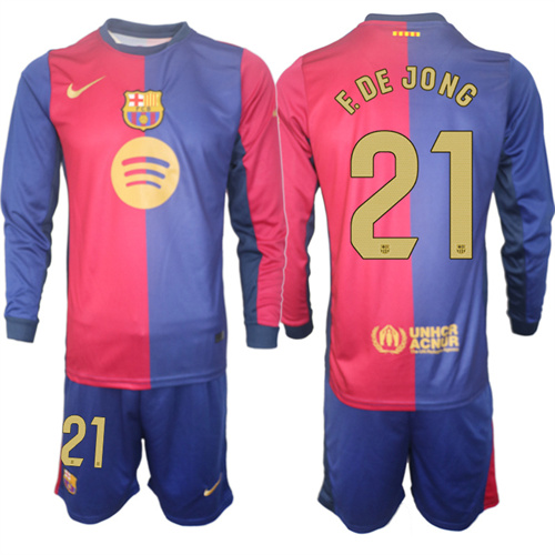 Men's FC Barcelona Home Long Sleeves 21# F.DE JONG 2024-25 Suit Soccer Jerseys