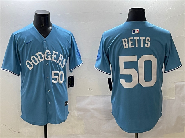 Men's Los Angeles Dodgers #50 Mookie Betts Light Blue Limited Stitched Baseball Jersey