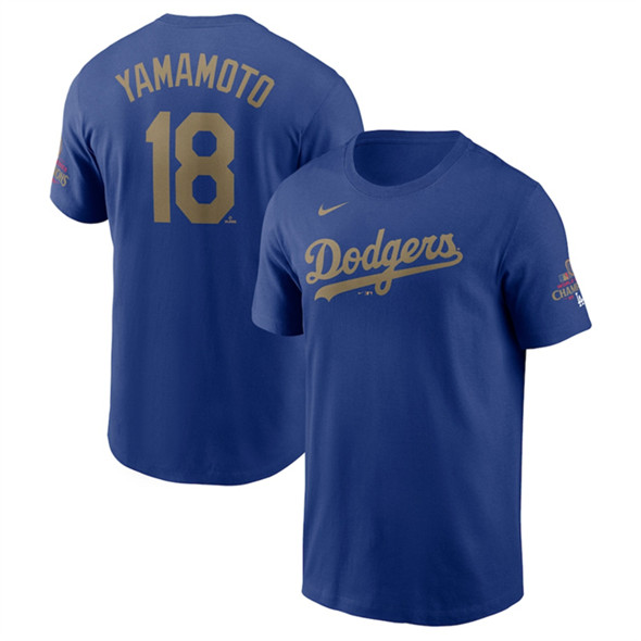 Men's Los Angeles Dodgers #18 Yoshinobu Yamamoto Royal 2025 Gold Collection Name & Number T-Shirt