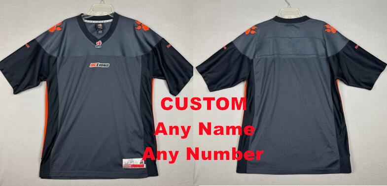 Men's BC Lions Custom Reebok CFL Football NWT Canadian Football League Black Gray Jersey