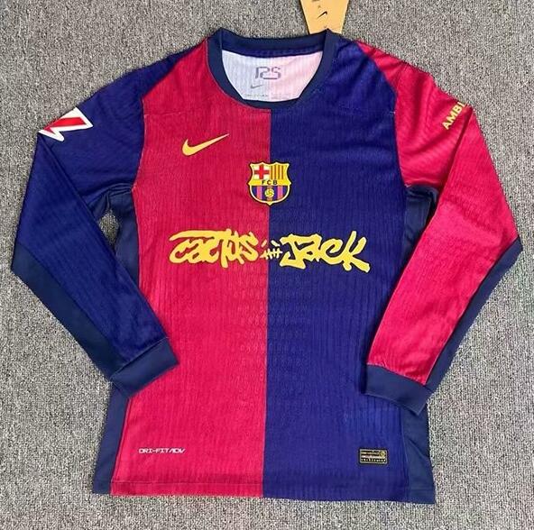 Men's Barcelona Fc x TRAVIS SCOTT Home 2024-25 LONG SLEEVE Red Jersey
