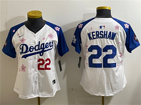 Women's Los Angeles Dodgers #22 Clayton Kershaw White Royal 2025 Tokyo Series Limited Stitched Baseball Jersey(Run Small)